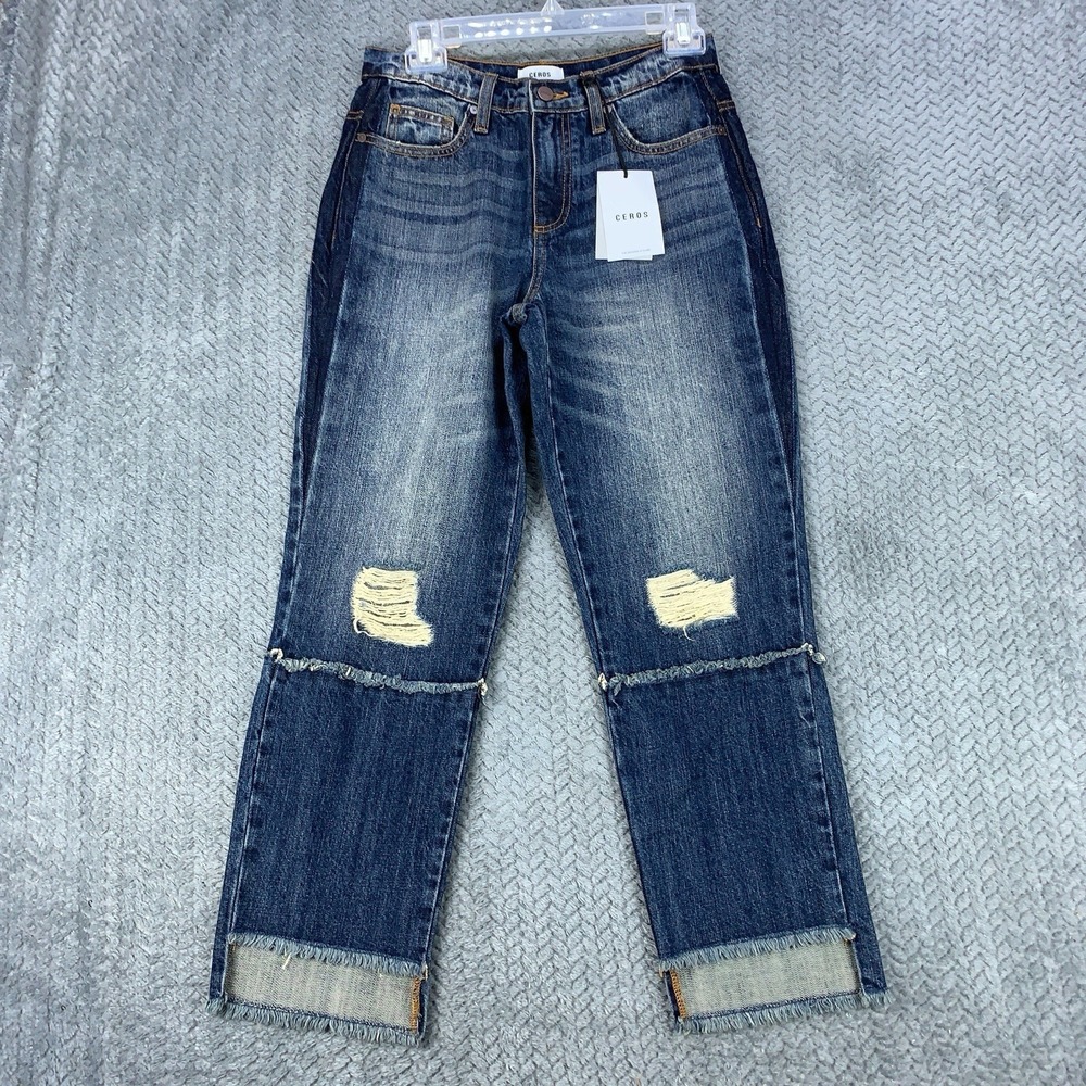 Ceros Jeans Womens 24 Blue Denim Straight Ankle Cropped Distressed Raw 27x26